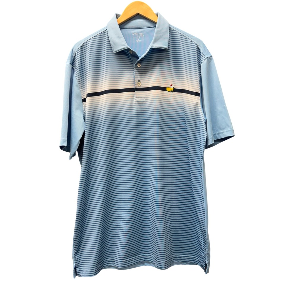 Masters Tech Polo Mens Large Striped Light Blue Golf Shirt Coastal Performance